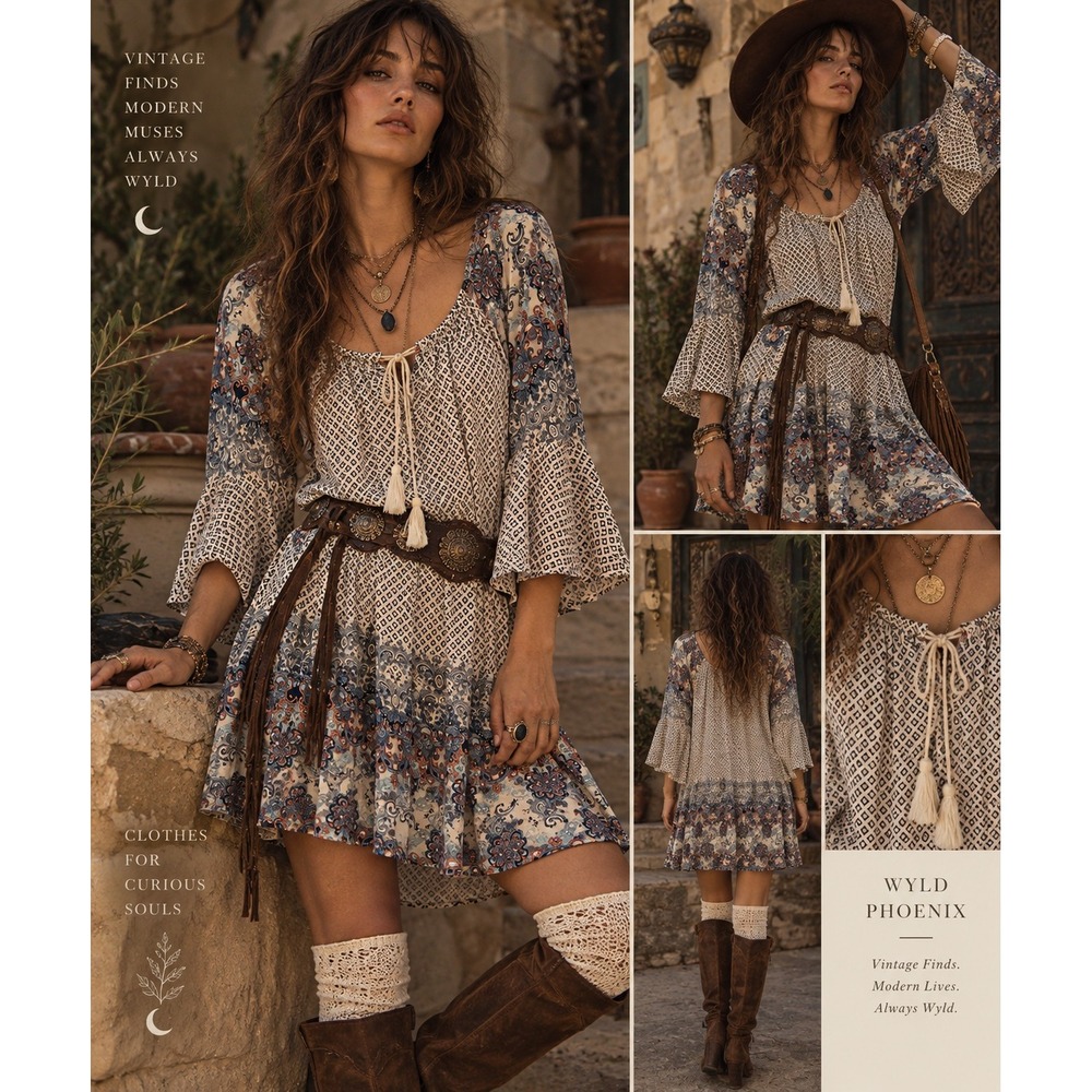 Umgee Boho Paisley Mixed Print Bell Sleeve Tassel Tunic Dress M